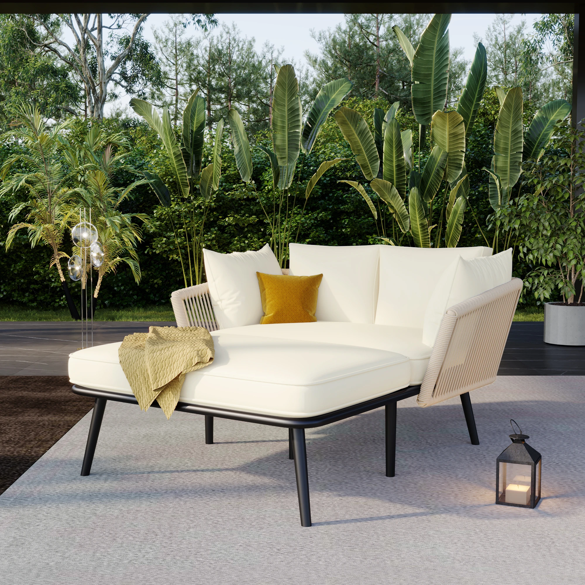 Canapé-lit de jardin avec 2 coussins, housse en polyester, design en corde tressée à la main, pour jardin, terrasse et balcon, salon de jardin confortable