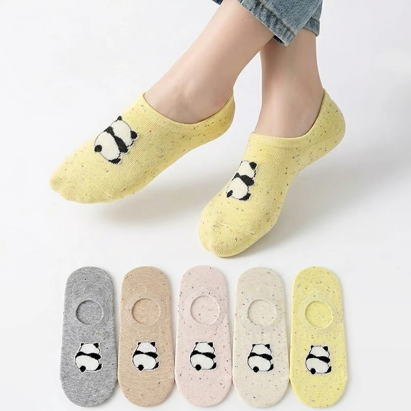 5 Paar neue unsichtbare Damensocken mit Cartoon-Panda-Motiv, Sommer, Mujer, Silikon, rutschfest, Chaussette, weiblich, weich, atmungsaktiv, dünne Bootssocken Image