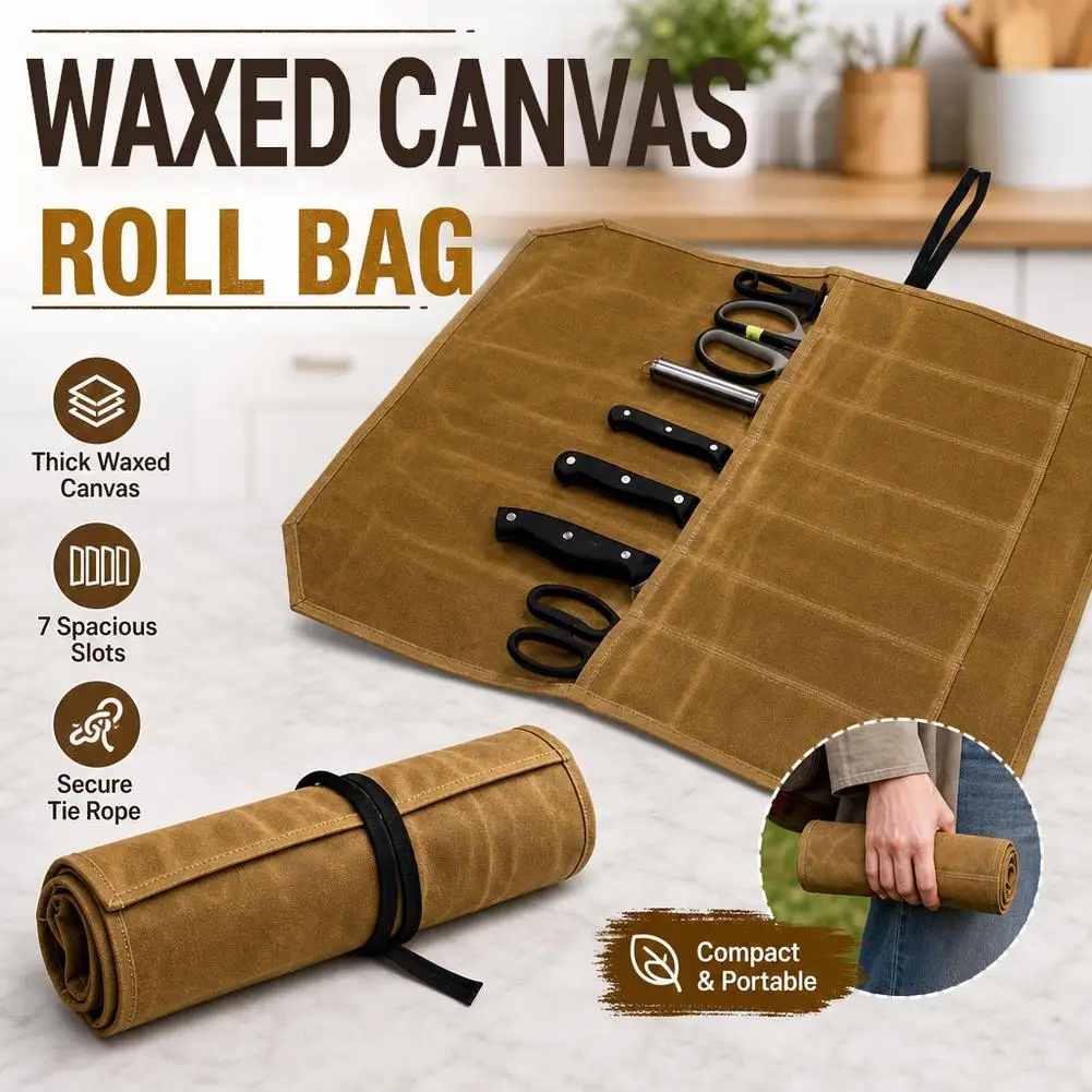 7-Fach Gewachste Canvas-Kochmesser-Rolltasche Tragbare Wasserdichte Messertasche mit Befestigungsband für Reisen Image