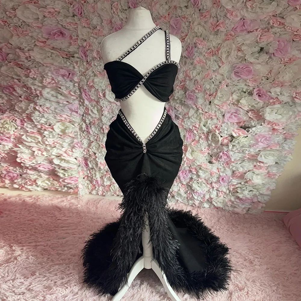 Luxury Customized Floor Length Cocktail Dress Mermaid Prom Gown Sleeveless Beading Slit Wedding Party Gown With Feather