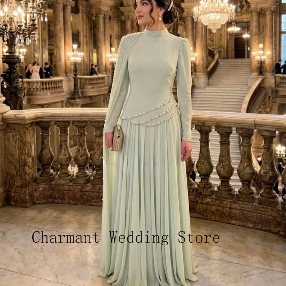 Formal Modest Evening Gown with High Neck Long Sleeves Pearl Waist Detail and Flowy Chiffon Skirt for Bridal Events and Gala