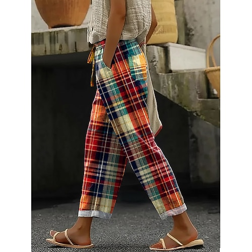 Damen Chinos Freizeithose Urlaub Vintage Lässig Volle Länge Mittlere Taillenlinie Grafik Karomuster Geometrisches Muster Kordelzug Patchwork Tasche Komfort Weich Außenbereich Unelastisch Lässig Image