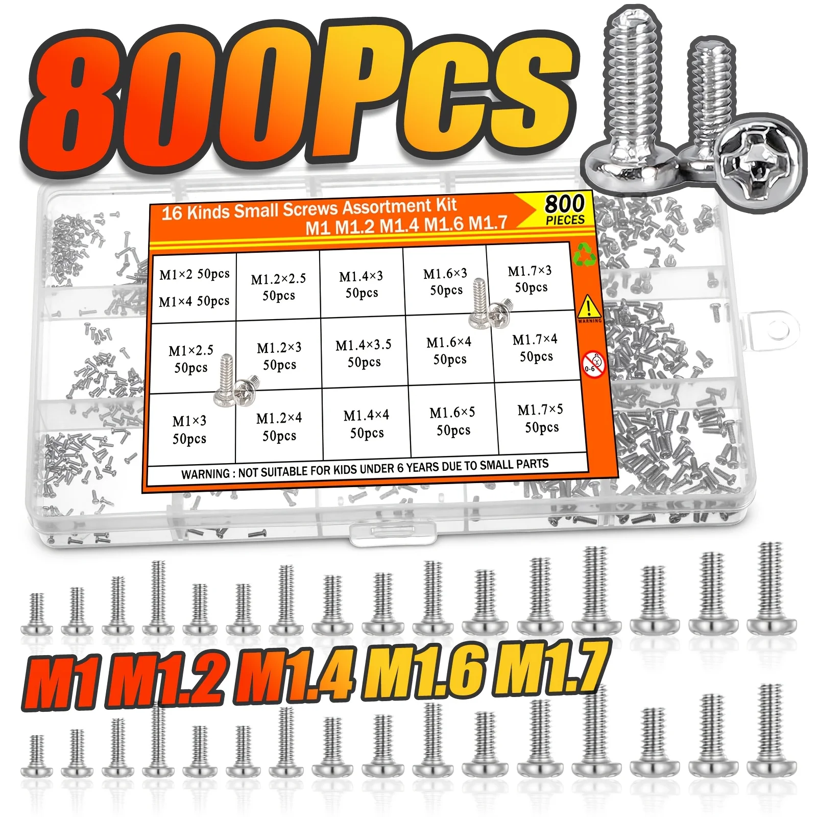 800-teiliges Set winziger Elektronikschrauben, M1–M1,7 Phillips-Flachkopf-Mikroschrauben für die Reparatur von Telefonen, Laptops, Uhren, Brillen und Elektronik Image