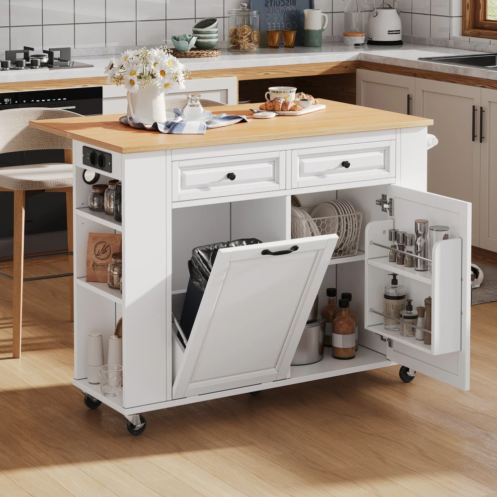 Kücheninsel mit Rollen, ausziehbarer Esstisch, Kücheninsel mit Abfalleimerfach und Handtuchhalter, mobiler Servierwagen mit Steckdosenleisten, ideal für Küche und Esszimmer (Weiß)