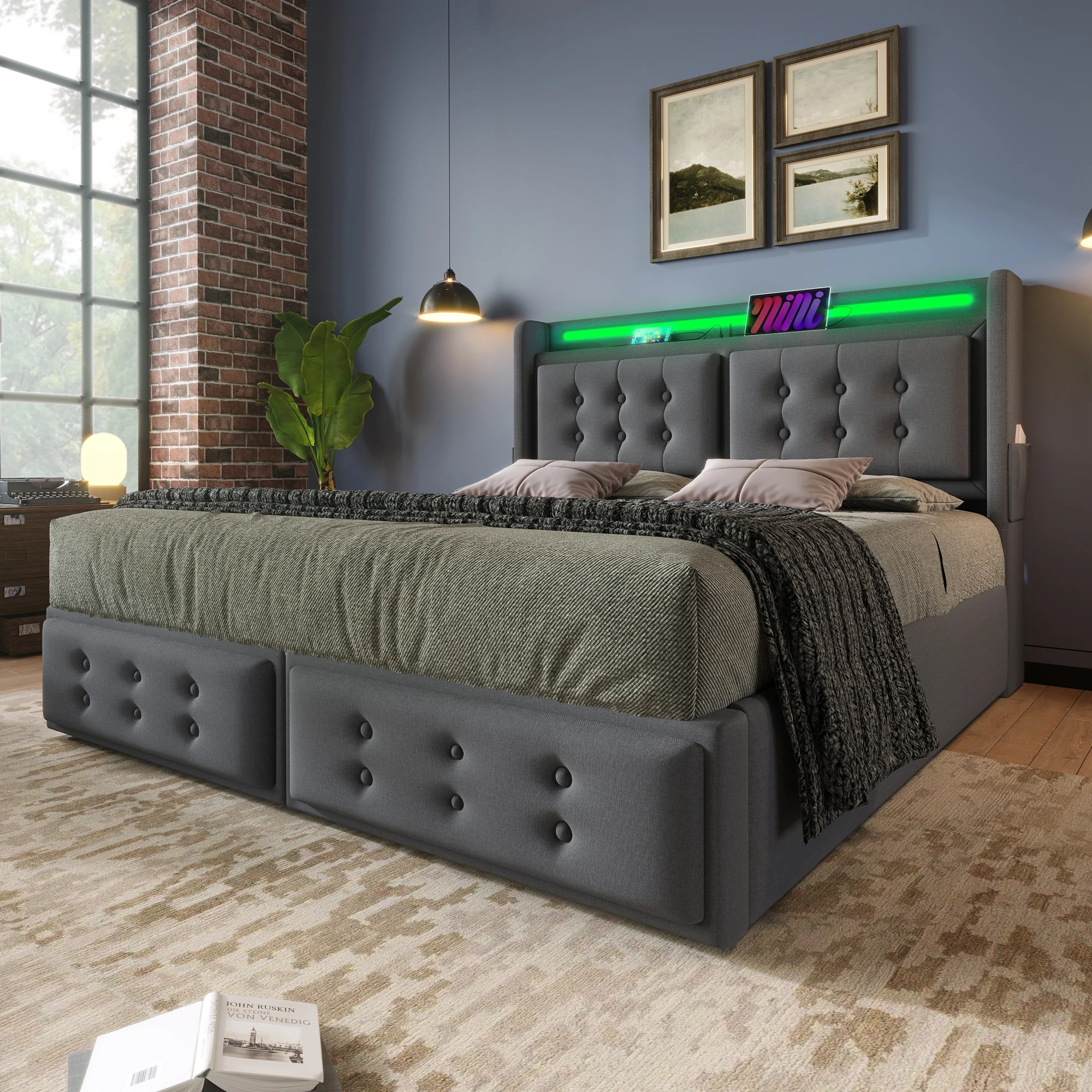 Polsterbett 160x200 Doppelbett mit Hydraulik Stauraum LED Kopfteil und Ladestation USB USB C Holz Lattenrost Metallrahmen Baumwoll-Leinenbezug Grau für Schlafzimmer ohne Matratze