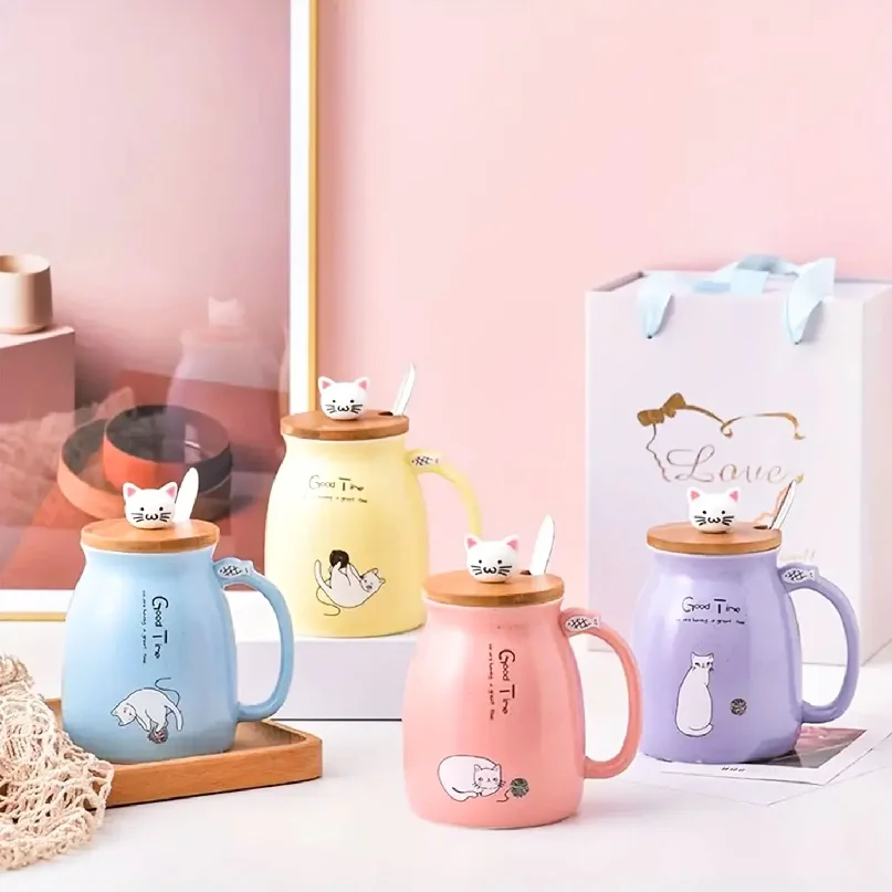Tasse à thé Kawaii, tasse à café en céramique mignonne avec couvercle et cuillère en forme de chat, style japonais, cadeaux originaux pour femmes, cadeaux pour les amoureux des chats, 16 oz