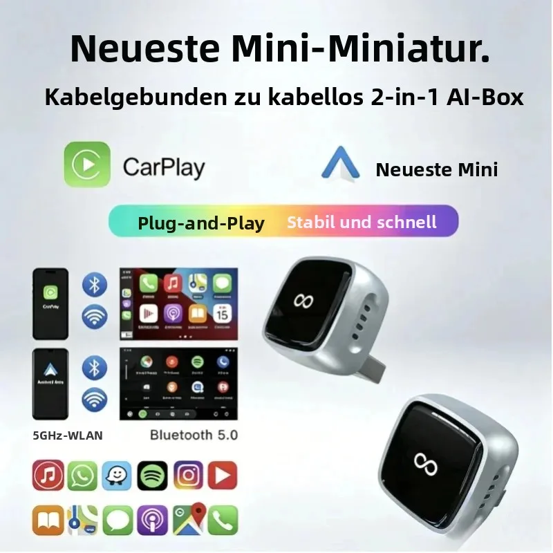 NUOYING 2026 Kabelloser CarPlay & Android Auto Adapter, 2-in-1 Mini-USB-Dongle, kabelgebunden zu kabellos, schnell und stabil Image