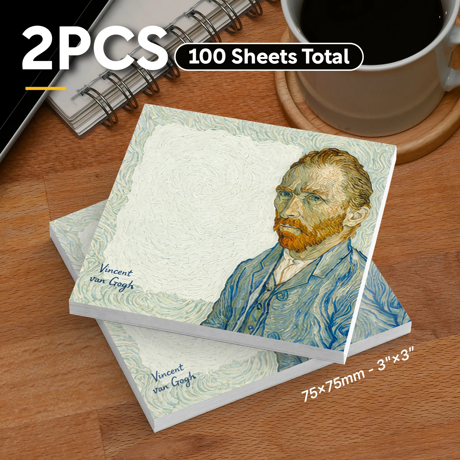 2 Stück 100 Blatt Van Gogh Inspirierte Künstlerporträt-Haftnotizen, Vintage Ölgemälde Notizblöcke, Künstlerische Selbstklebende Notizzettel Image
