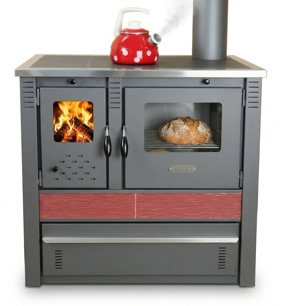 Küchenofen Holzherd PANONIA Kacheln bordeaux, rechte Version - 8,5 kW Image