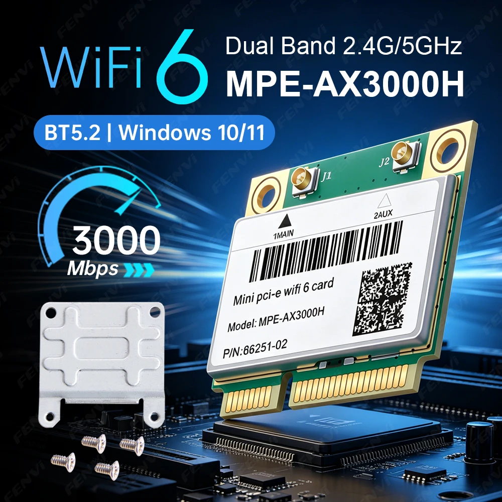 WiFi 6 MPE-AX3000H Mini PCI-E Wireless-Karte BT5.2 Dual Band 2,4G/5GHz 2974M 802.11AX MU-MIMO für Laptop mit extrem niedriger Latenz Win10 Image