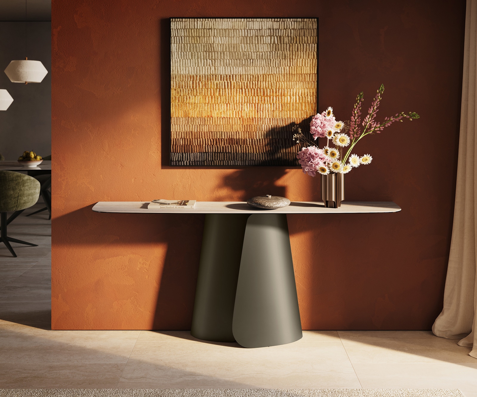 DELIFE Konsolentisch Edge Boot 180x40 cm Keramik Laminam® Travertino Bianco Creme-Weiß Livos Metall Effektfinish Titan, Konsolentische