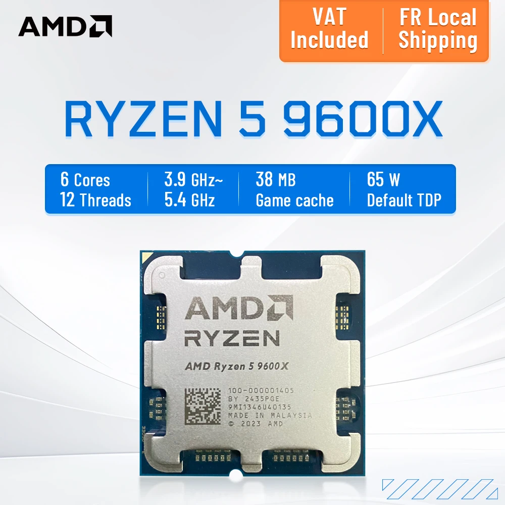 Processeur AMD Ryzen 5 9600x 5,4 GHz 6 cœurs 12 threads, nouveau processeur R5 9600X pour jeux, graphismes intégrés, CPU TDP 65 W, socket AM5, mais sans ventilateur