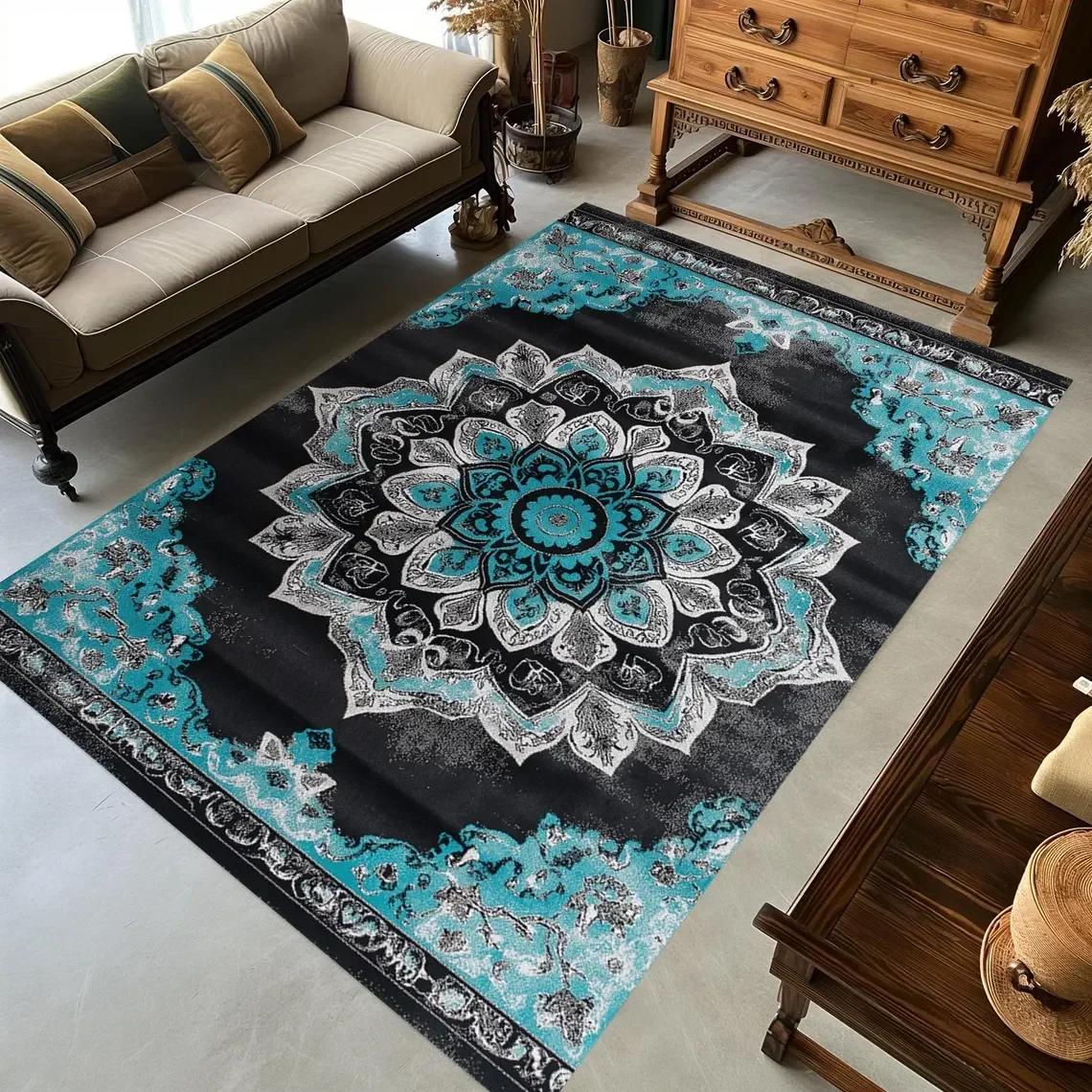 Floraler Mandala-Teppich, blaugrüner böhmischer Teppich, waschbare Fußmatte für den Eingangsbereich, für Schlafzimmer, Wohnzimmer, Küche Image