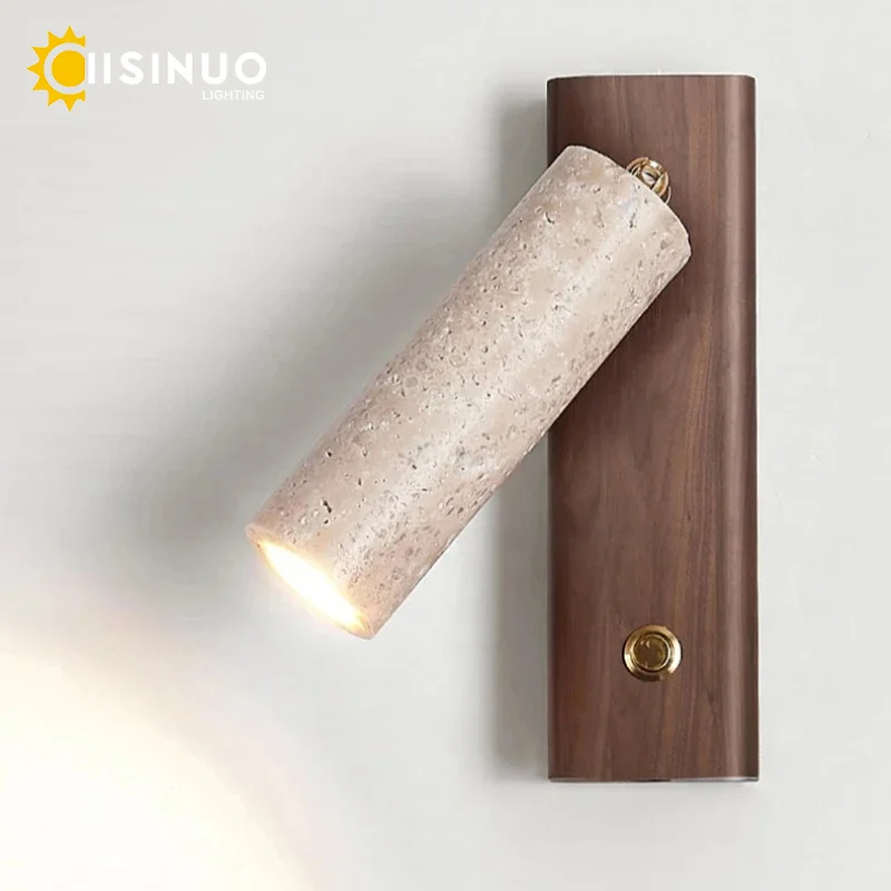 Wabi-Sabi Wandleuchte aus natürlichem gelbem Travertinstein, drehbares Holzlicht mit Schalter, Nachttischlampe für Schlafzimmer, Flur, Heimdeko Image