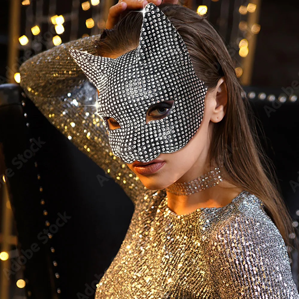 Glänzende Katzen-Ohrmasken, Cosplay, Halloween, Party, Kostümzubehör, lange Handschuhe, sexy Bling-Kätzchen-Halbmasken Image