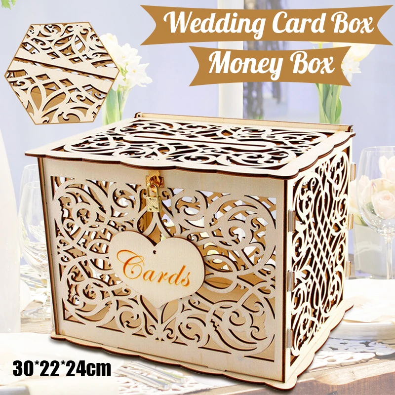 DIY Hochzeitskartenbox Holz Paar Spardosen mit Schloss Hohles Blumenmuster Hochzeitsdekoration Geschenkumschlag Geburtstagszubehör Image