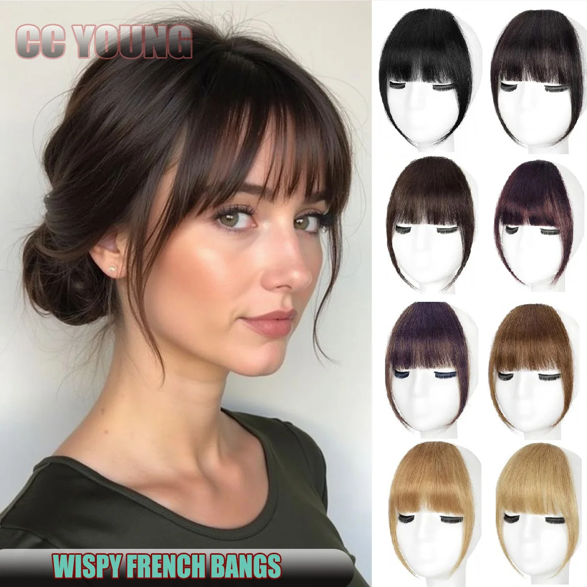 Wispy French Echthaar-Pony zum Anklipsen, leichter Luft-Pony für Frauen, täglicher Gebrauch, Schwarz, Braun, Burg, Blond, Pony-Haarverlängerungen Image