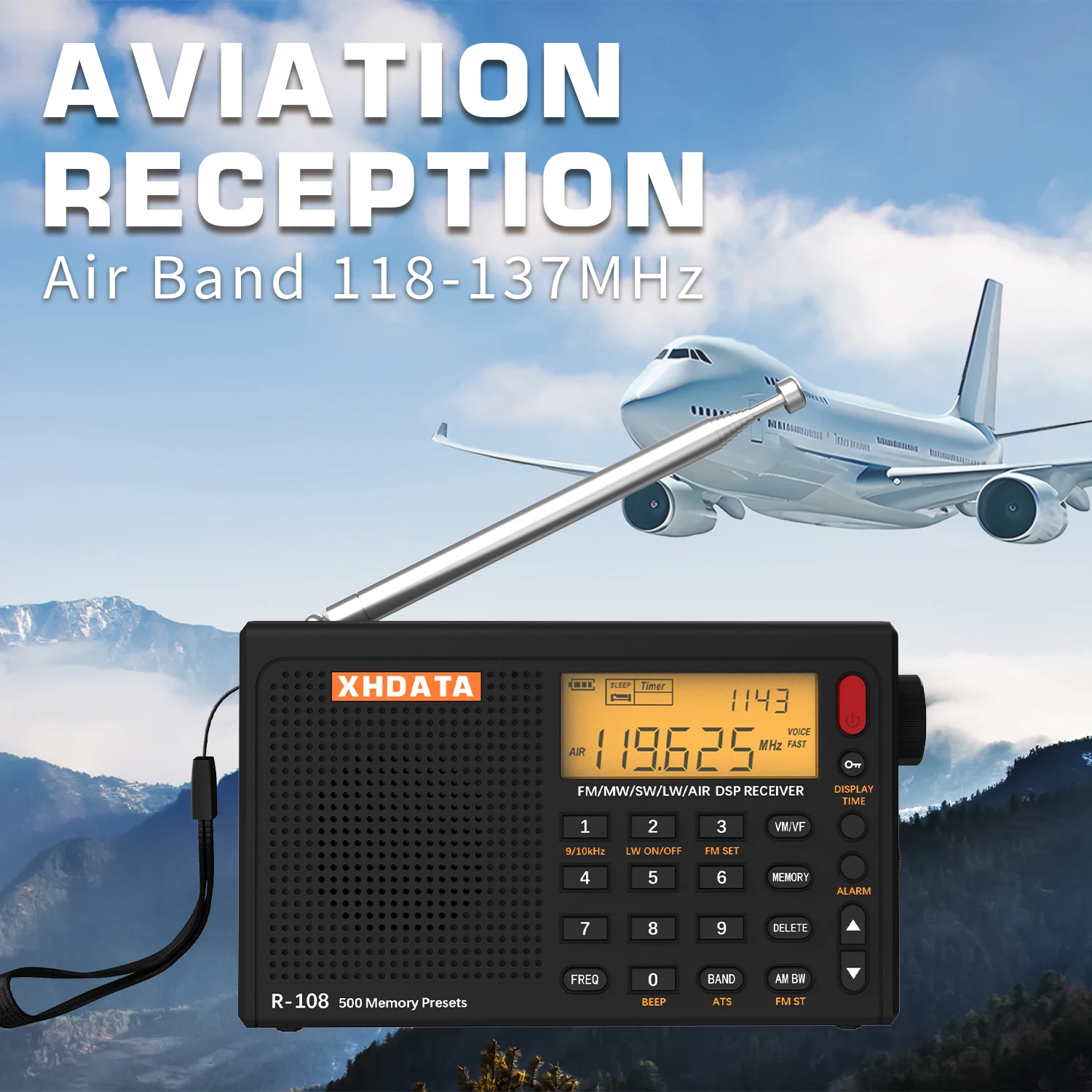 XHDATA R108 DSP AM FM SW Airband Tragbares Radio 500 Voreinstellungen Alarm Schlaf Timer Temperatur LCD BL5C Typ-C Antenne Geschenk Ältere Reisen Image