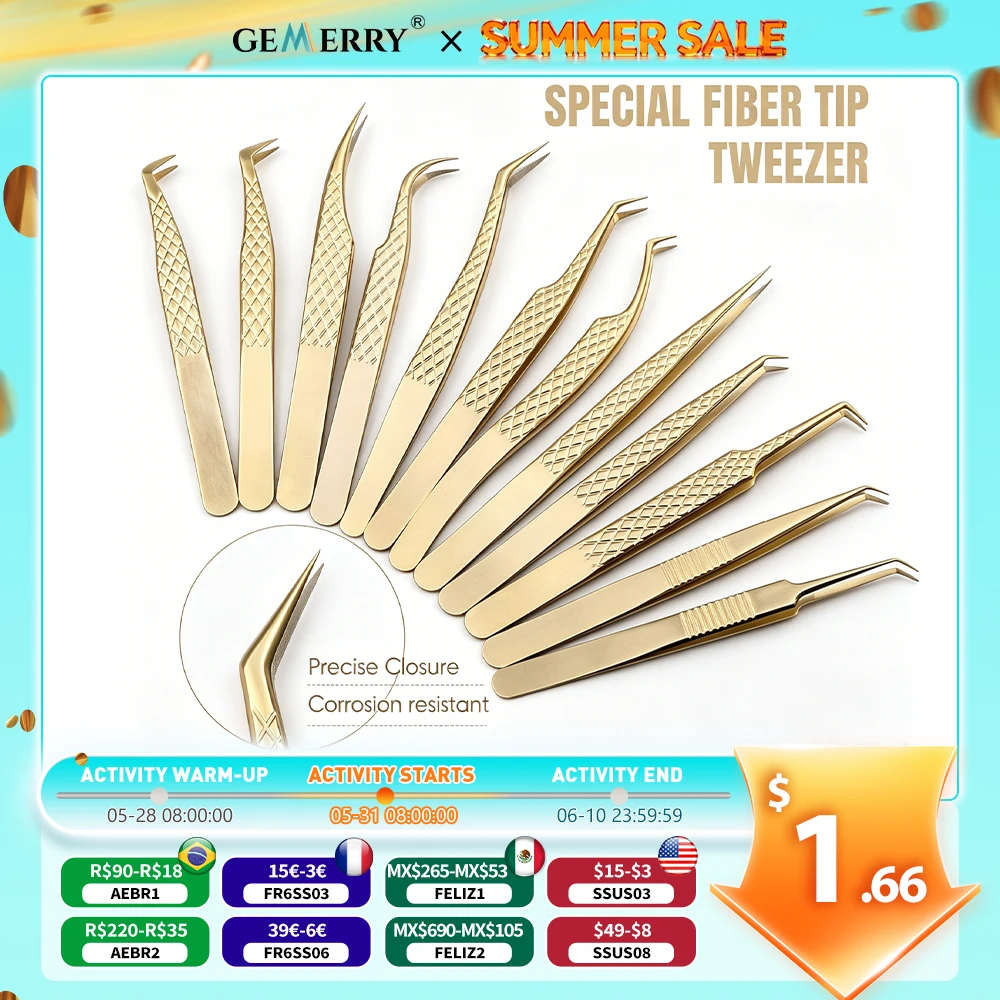 GEMERRY Wimpernverlängerungs-Pinzette mit Faserspitzen, goldener Edelstahl, hochpräzise Pinzette für Volumenwimpern, Make-up-Werkzeuge Image