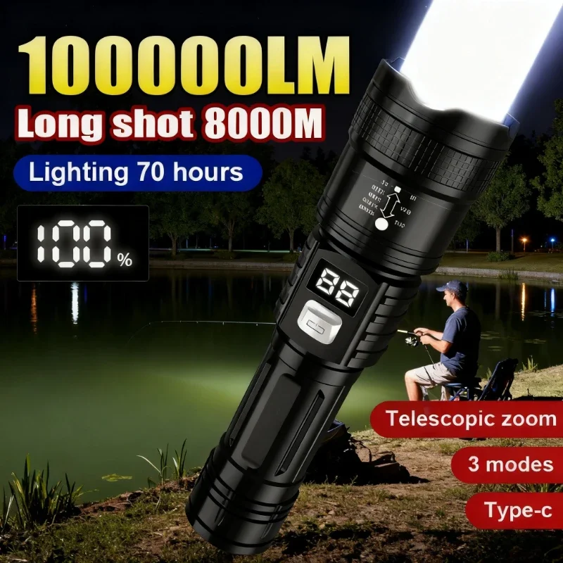 Superhelle LED-Taschenlampe mit Leistungsanzeige, Typ-C Aufladbar, Große Reichweite, Taktische Fackel für Outdoor, Wasserdichte Campinglaterne Image