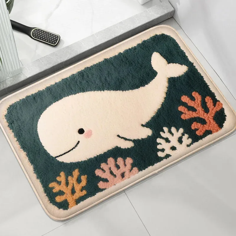 VIKAMA Tapis de bain à motif de baleine de dessin animé adorable, tapis de salle de bain doux et confortable, tapis décoratif pour salle de bain, décoration de la maison