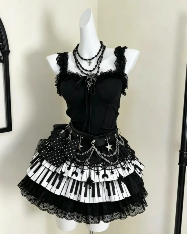 Retro Vintage Harajuku Y2K Klavier-Print Spitzen-Rüschen-Minirock Damen 2026 Neu Französisch Elegant Lässig Sommer Mode Rock 2000er Jahre Image