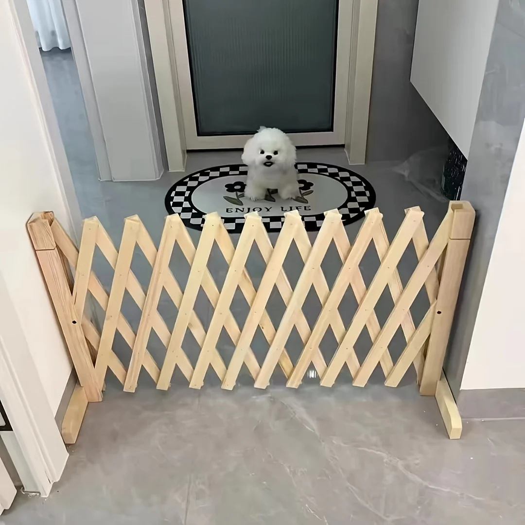 Holz-Haustierzaun mit Ausziehbarem Hundegitter, Innensicherheitsbarriere für Zuhause, Schlafzimmer, Türöffnungen und Treppen - Einfach zu Installieren Image
