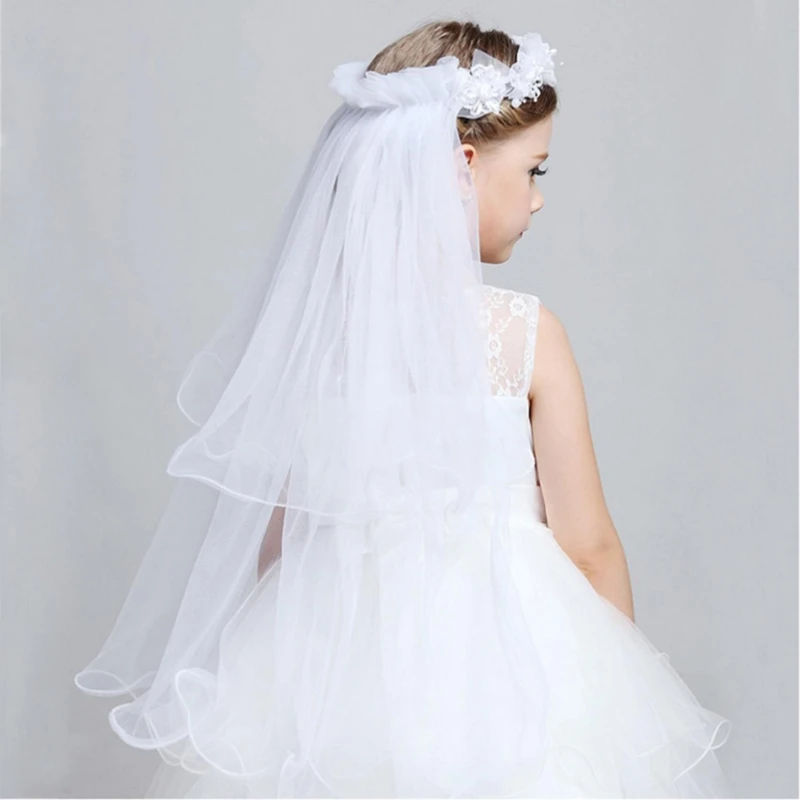 Kinder Kleine Prinzessin Haarband Doppelschichten Tüll Brautschleier Blumen Girlande Rüschen Blumenspitze Hochzeit Party Kranz Image