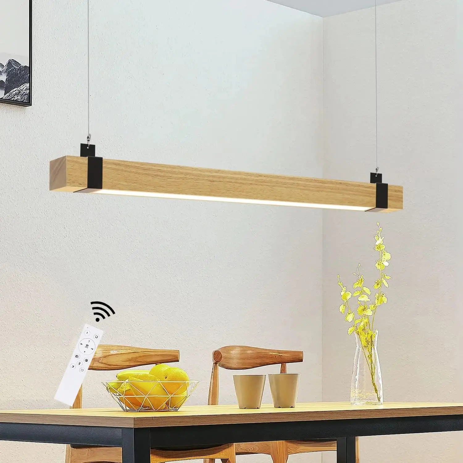 Lampe suspendue LED pour table à manger, lampe suspendue en bois pour cuisine, lampe suspendue de 100 cm, lampe suspendue pour salon, lampe à intensité variable pour table à manger, lampe industrielle