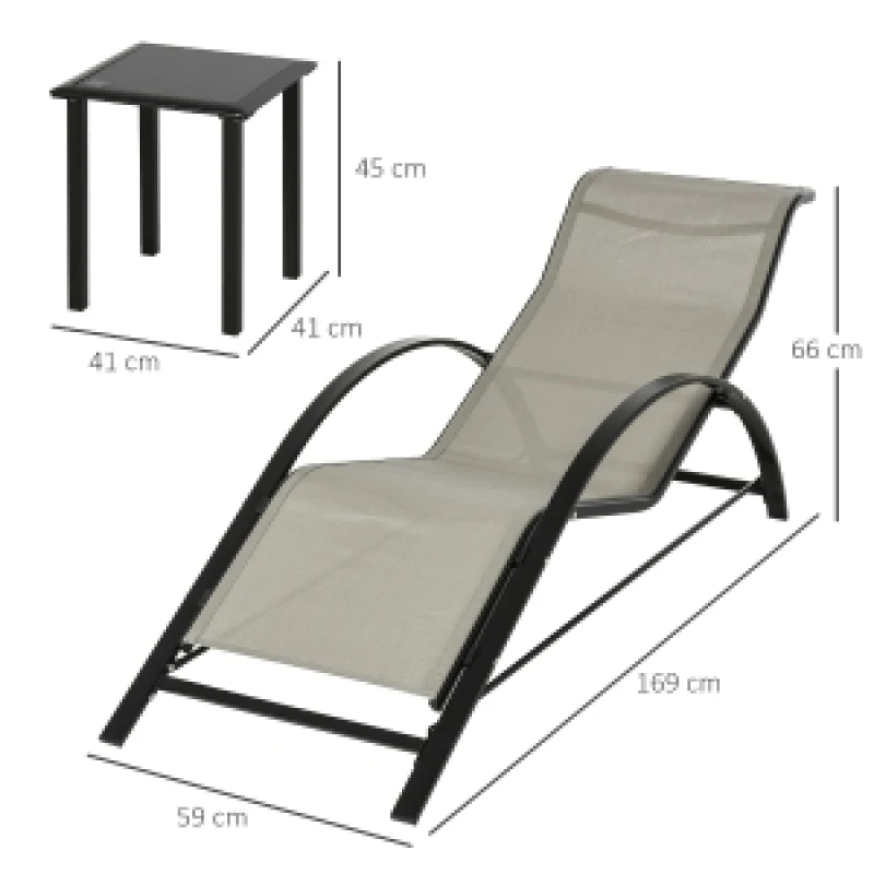 Ensemble de 3 chaises longues de jardin avec table, ensemble de mobilier de jardin avec 2 chaises longues et 1 table d'appoint, gris métal et noir pour terrasse et jardin