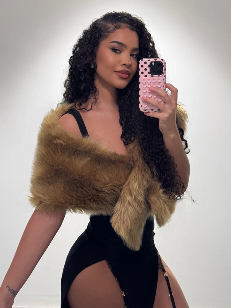 Seltsame Puss Luxus Pelze Schal Frauen Hipster Mode Slash Neck Knoten Elegante Bankett Party Clubwear Mitternacht Weiche Warme Crop Tops Image