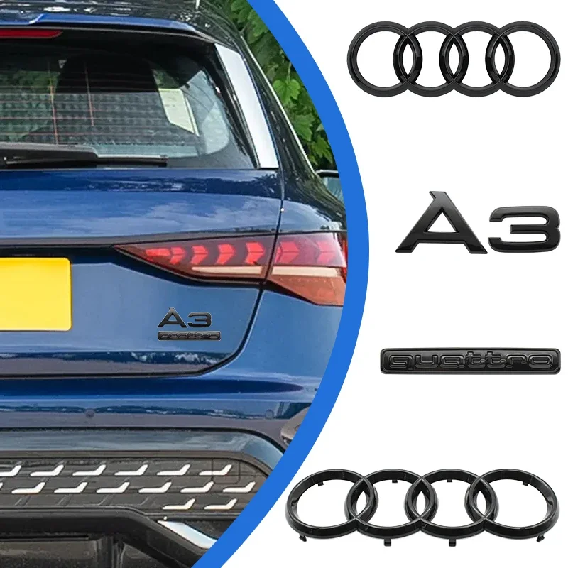 Autocollant emblème 4 anneaux noir ABS pour capot avant, calandre et coffre arrière AUDI A3, marque A3, emblème Quattro pour A3 2010-2020