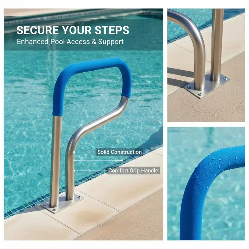 Rampe de piscine, 805 x 100 x 585 mm, entrée de piscine en acier inoxydable avec plaque de base pour piscines intérieures/extérieures, aide à l'entrée pour piscines, poignée antidérapante avec