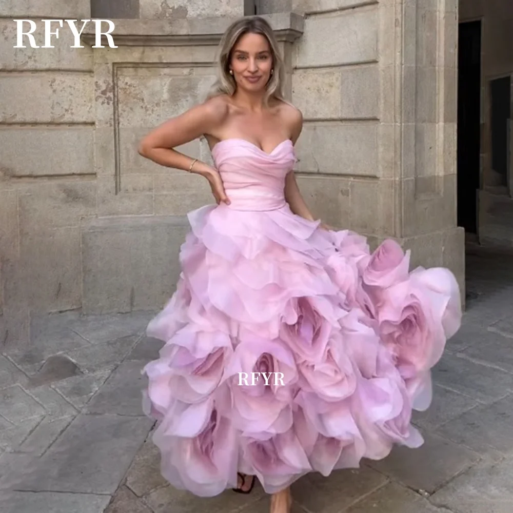 RFYR Sweetheart Prom Gown 3D Flowers Evening Dress Tea Length Party Gowns A Line Princess Dress for Fairy Vesitos Customized