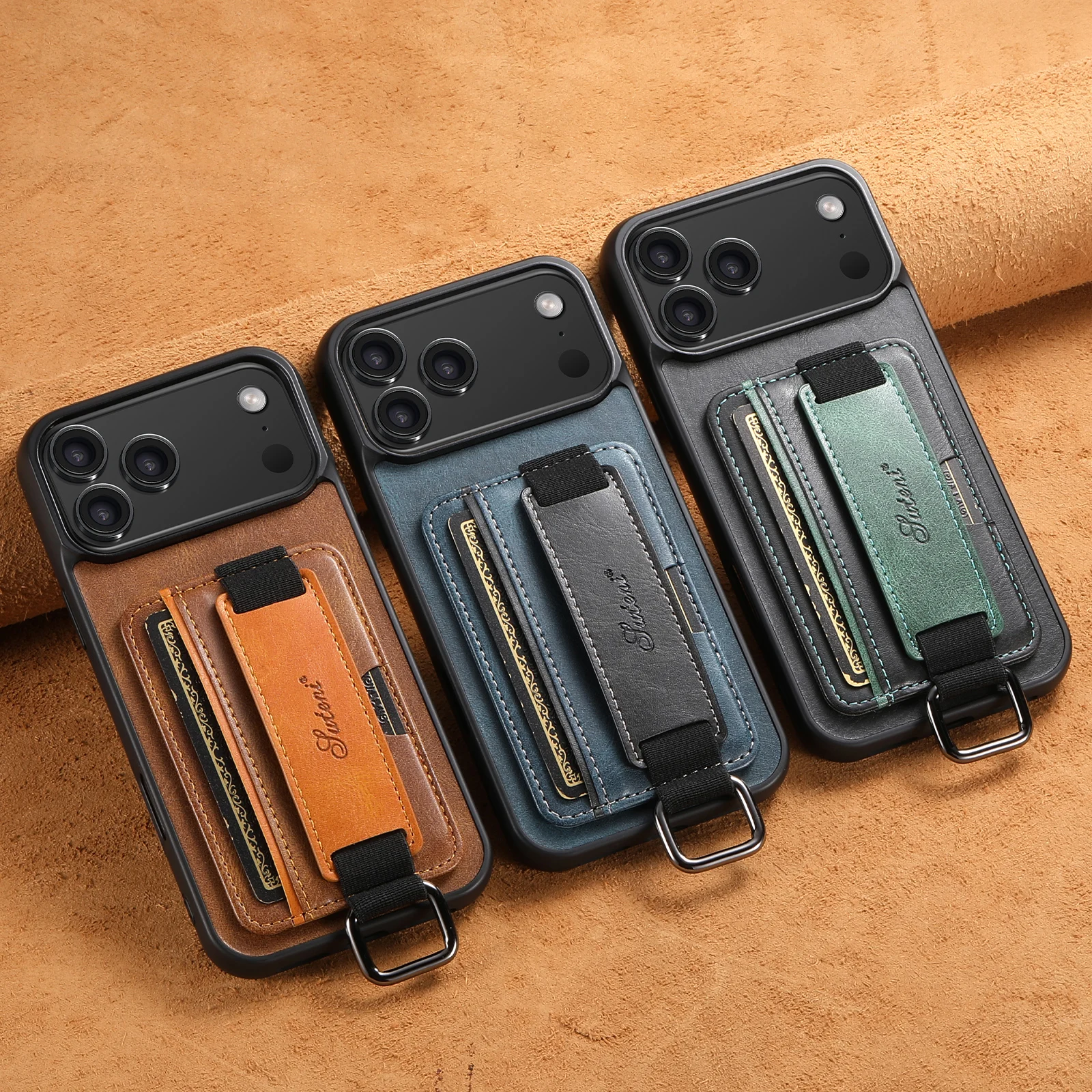 EUCAGR Wrist Strap Ring Buckle Faux Leather Card Holder Stand For iPhone 17 Pro Max 16 Plus 15 14 13 12 Pro Max Phone Bag Cases