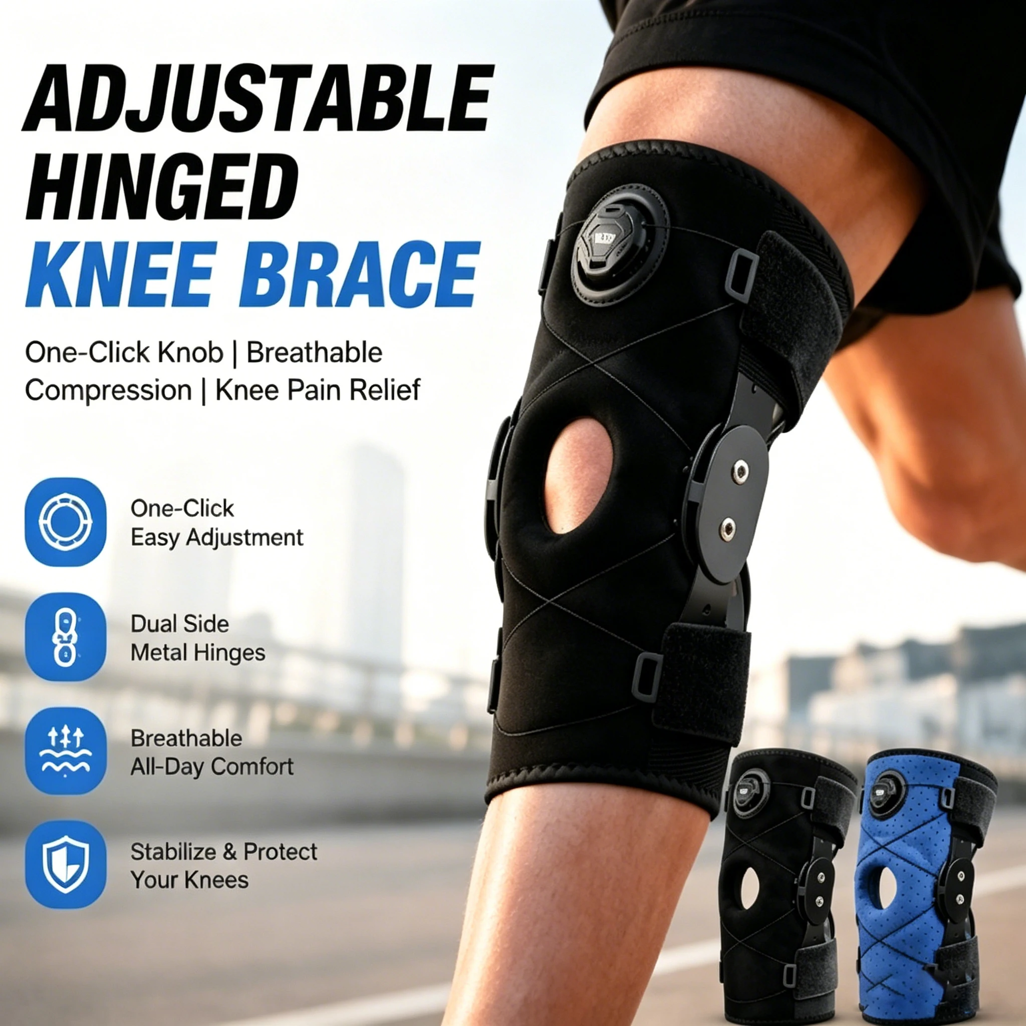 Verstellbare Kniebandage mit Ein-Klick-Verstellknopf, atmungsaktive Kompressions-Knieunterstützung für Laufen, Fitness, Basketball, Knieschmerzen-Linderung Image