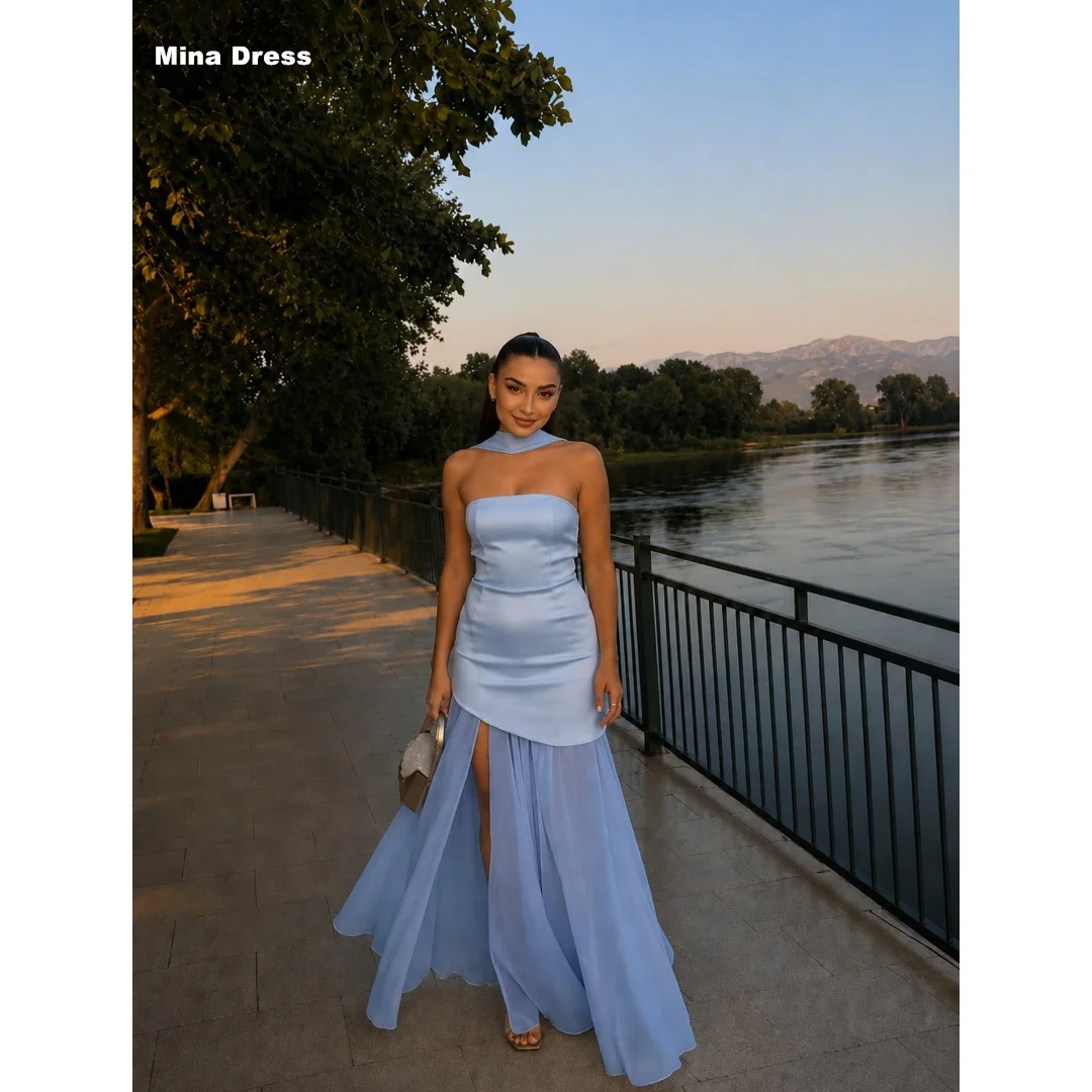 Mina Customized Light Blue Flower Pearl Tube Top Backless Sleeveless Dresses Gala Women's Evening Dresses for Events Prom Dress