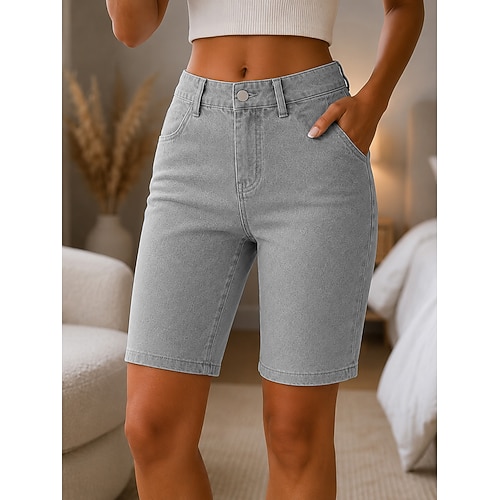 Damen Jeans Jeansstoff Shorts Burmuda Shorts Mode Knielang Hohe Taille Klassisch Komfort Urlaub Formell Hellblau Grau Sommer Frühling Normale Passform Image