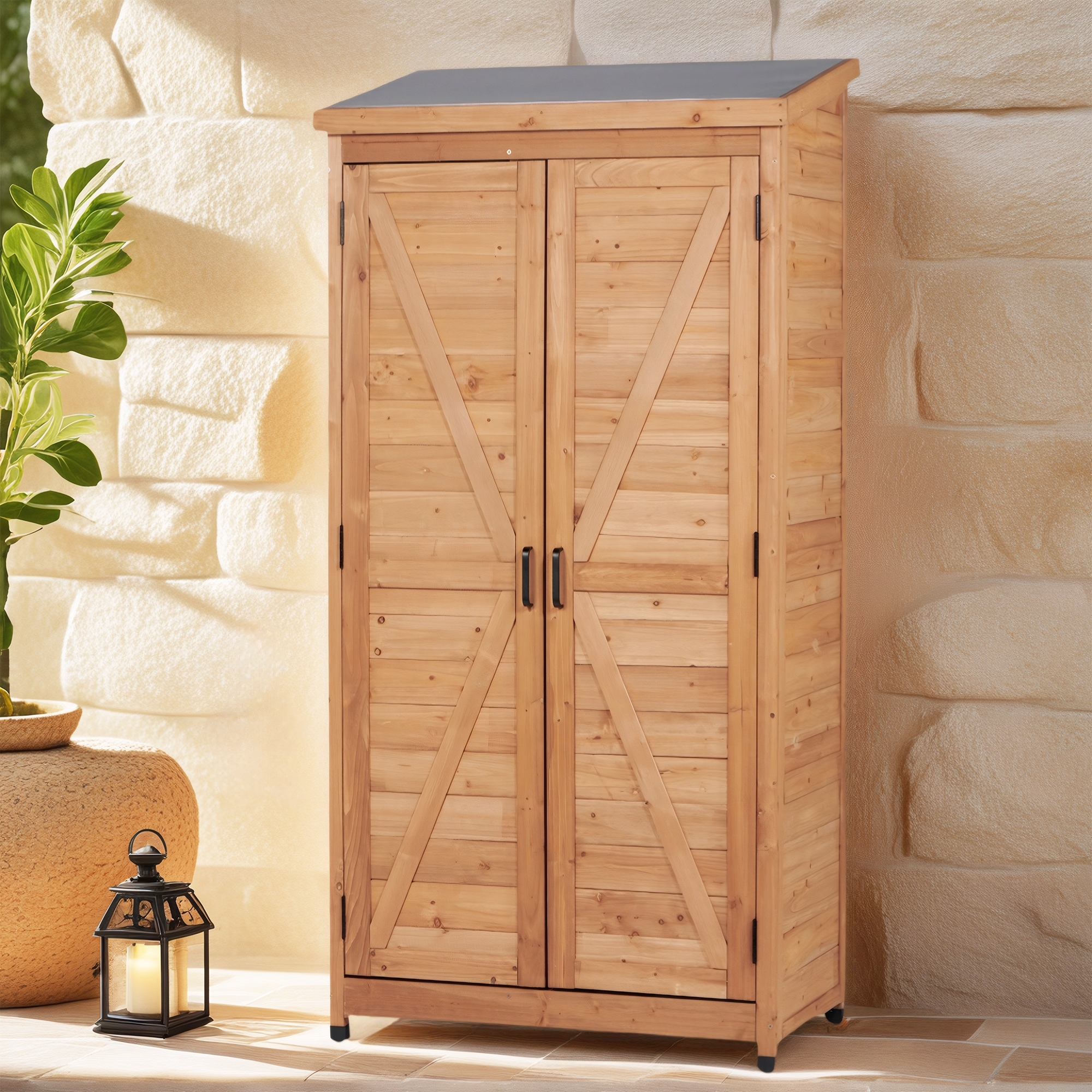 Farmhouse Vertical Storage Shed, Cedar Wood Tool Cabinet with Sloped Metal Roof, Adjustable Shelves - 33.5"L x 18.5"W x 68"H