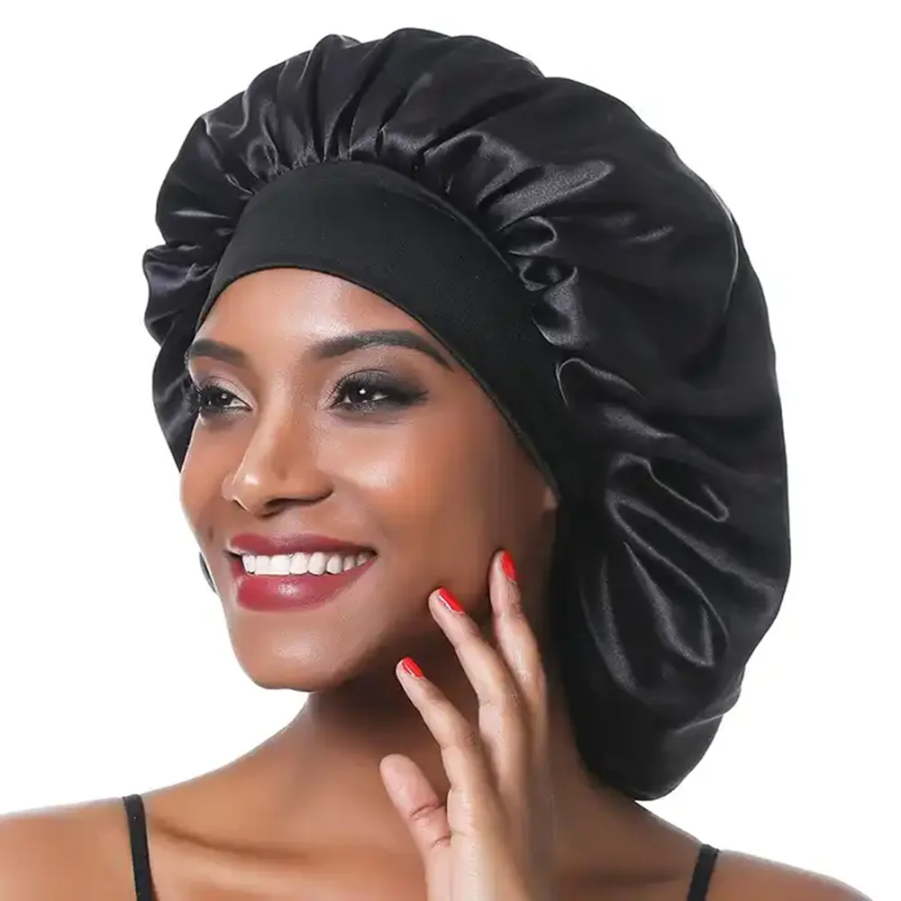 Seidige Damen-Mütze zum Schlafen, wiederverwendbare Jumbo-Mütze aus Satin zum Schutz der Haare, breites elastisches Band, Schlafmütze, Badekappe, Haartrocknung Image