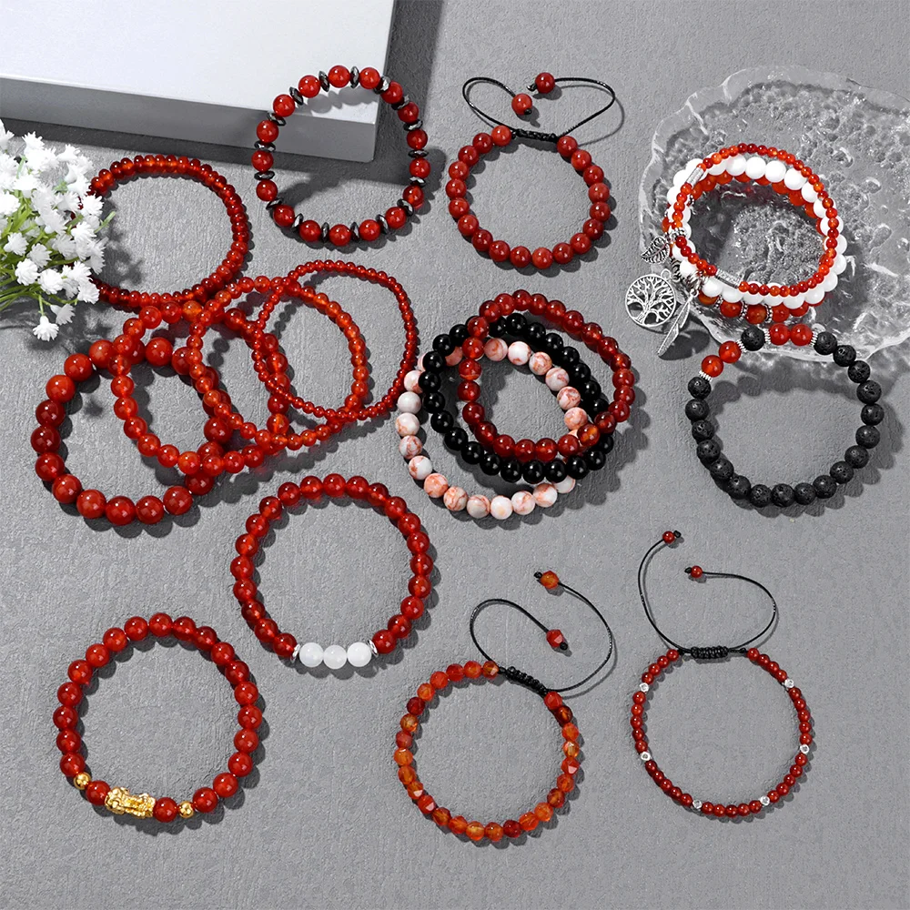 Natürliche rote Karneol Stein Armbänder Achate Rohstein Perlen Runde Perlen Stretch Armbänder Armreifen Schmuck Männer Frauen Geschenke Image