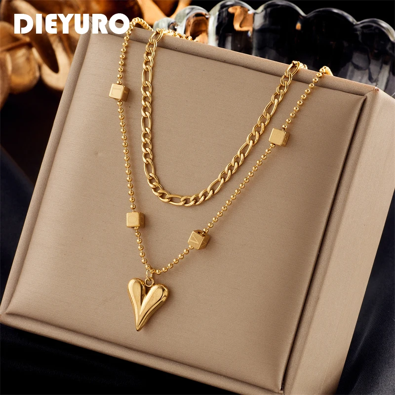 DIEYURO 316L Edelstahl Gold Farbe Multilayer Herz Liebe Anhänger Halskette Für Frauen Mode Mädchen Kette Schmuck Geschenk Bijoux Image