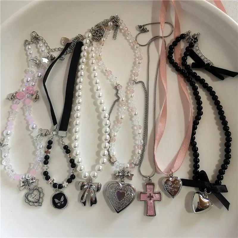 Kpop Kreuz Stern Perlenkette für Männer Unisex HipHop Imitation Perle Stern Anhänger Halsketten Frauen y2k Punk Quaste Halskette Image