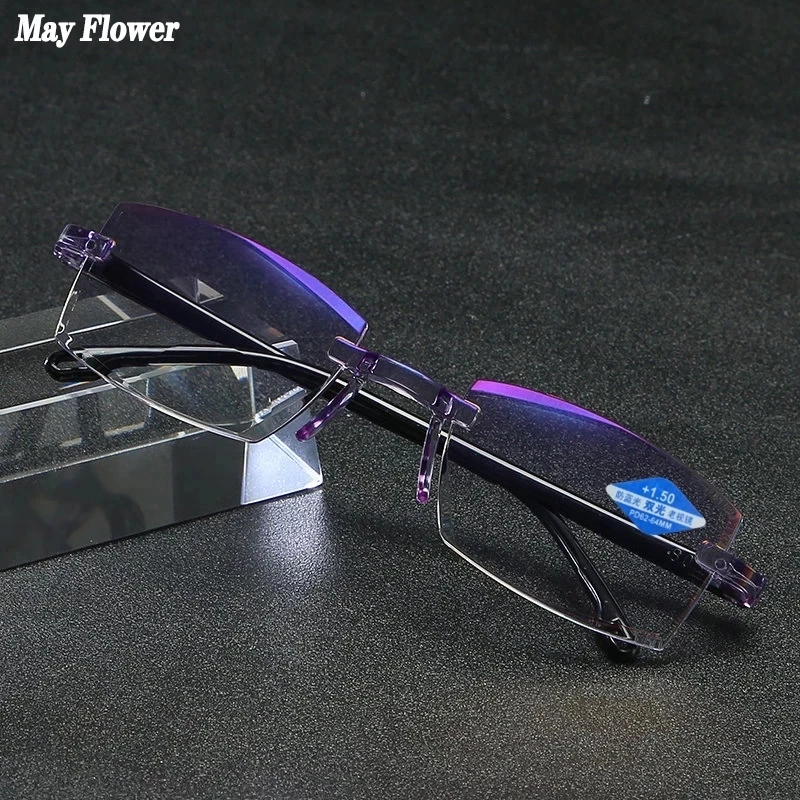 Kann Blume Randlose Lesebrille Anti Blau Licht Bifokale Brillen Mit Dioptrien Weiblich Männlich Brillen Brillen Klare Linse + 3,5 Image