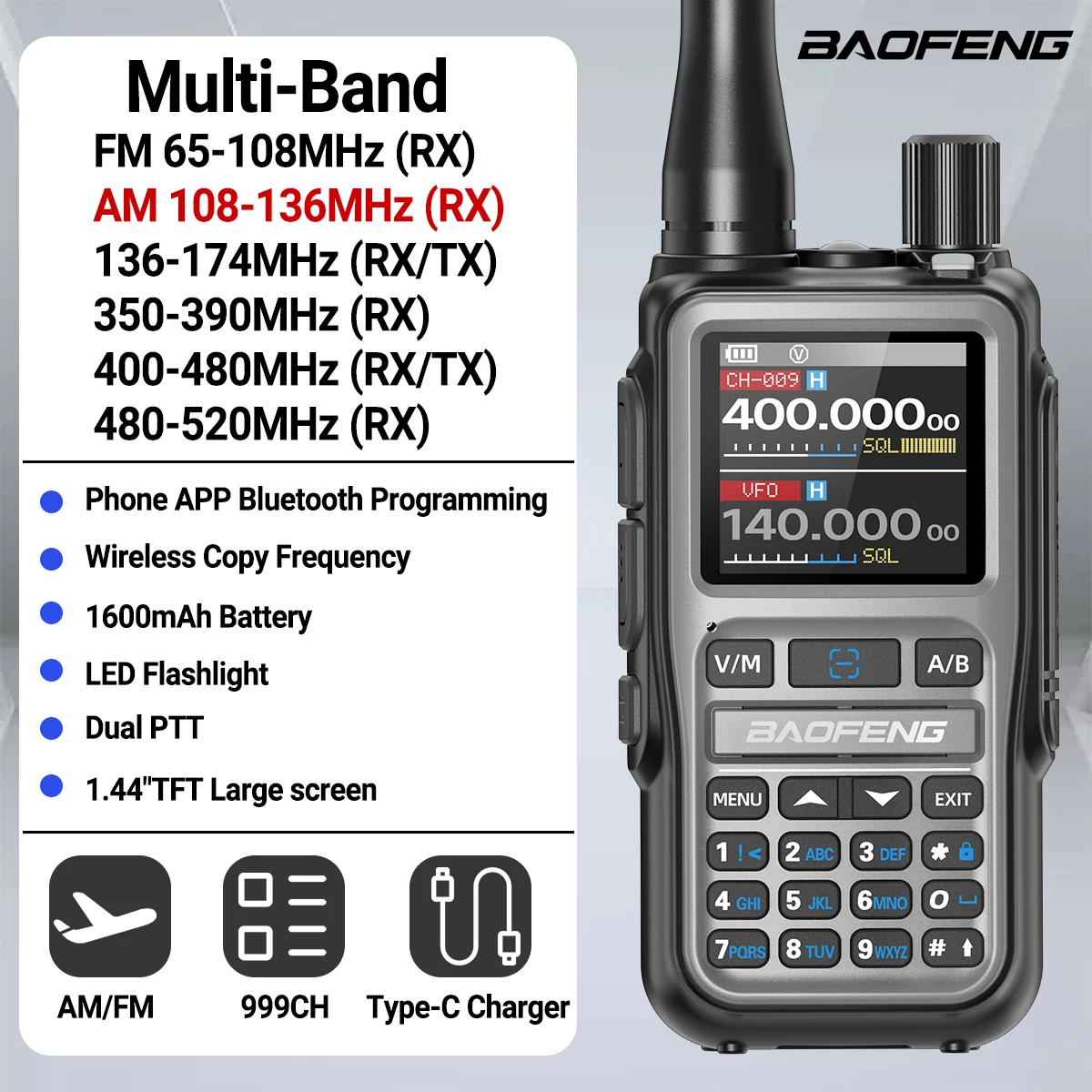 BAOFENG UV-5R Mini Walkie Talkie Vollband Bluetooth Programmierung Drahtlose Kopierfrequenz 999CH AM FM Long Range Ham Radio Trip Image
