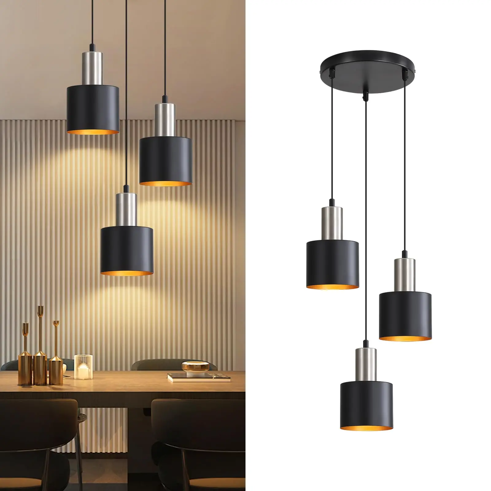 Lampe suspendue pour table à manger, lampe suspendue noire, lampe vintage pour salle à manger, lampe suspendue à 3 flammes E27, lampe de cuisine rétro, lampe suspendue dorée pour îlot de cuisine,