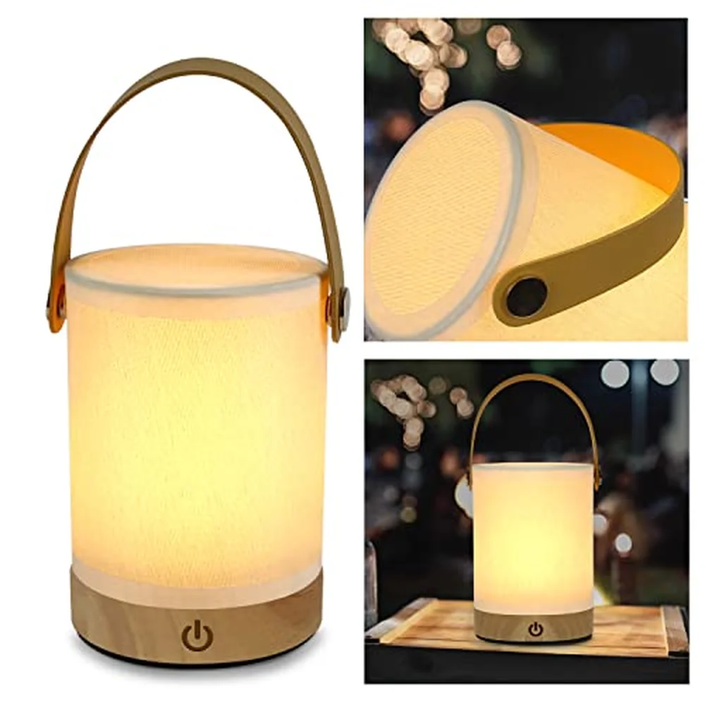 Lampe de table LED sans fil, lampe de chevet à intensité variable tactile, abat-jour en tissu et bois, lampe de table moderne à piles, veilleuse vintage, lampe de chevet portable, lampe de bureau pour