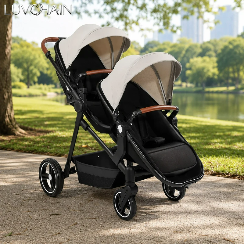 Tragbarer Multifunktionaler Zwillingskinderwagen Leichter Klappbarer Doppelsitz-Kinderwagen