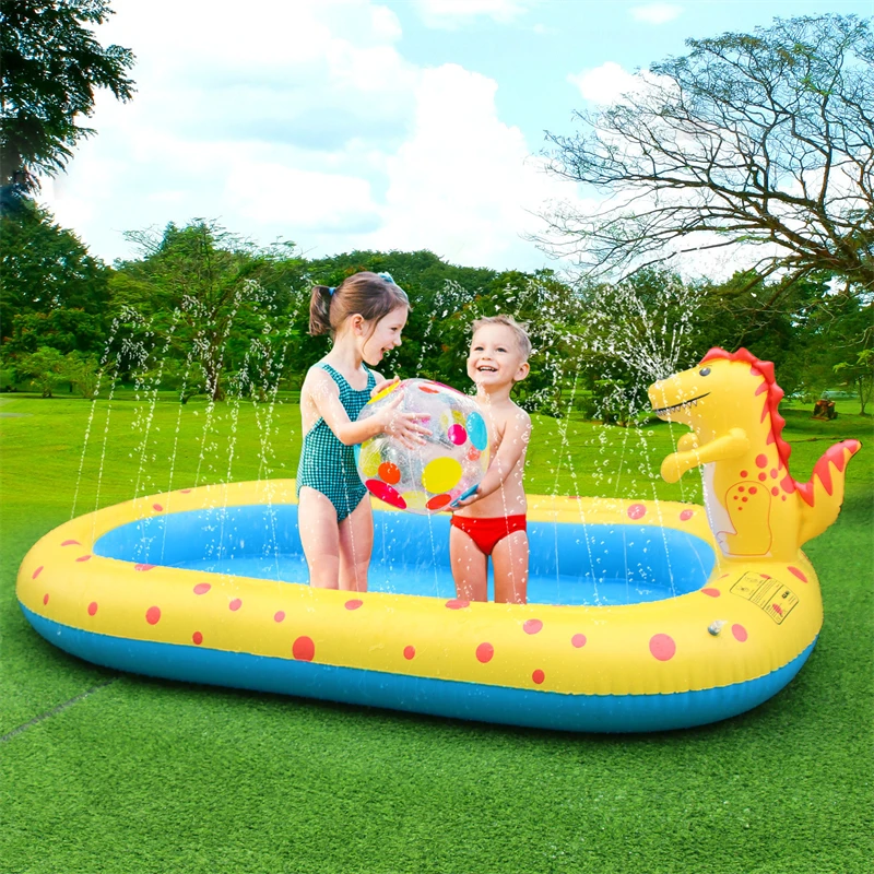 Aufblasbarer Sprinkler-Pool für Kinder Niedlicher Dinosaurier-Kinderpool 3-in-1 Garten-Spritzbecken Schwimmbad Outdoor-Wasserspielzeug für Kleinkinder Image