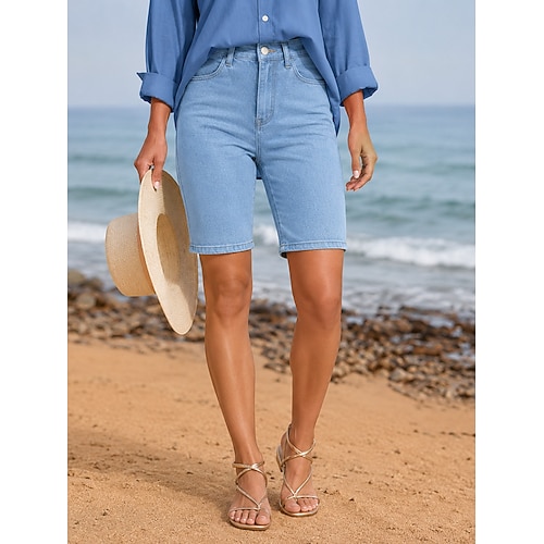 Per donna Jeans Shorts Pantaloncini Burmuda Moda Lunghezza al ginocchio Vita Alta Classico Comodità Vacanza Formale Blu chiaro Grigio Estate Primavera Vestibilità regolare